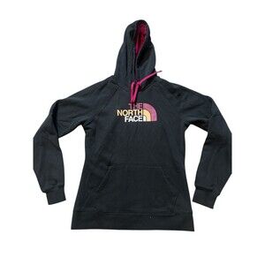The North Face Hoodie Womens Large Black Purple Hiking Half Dome Spell Out